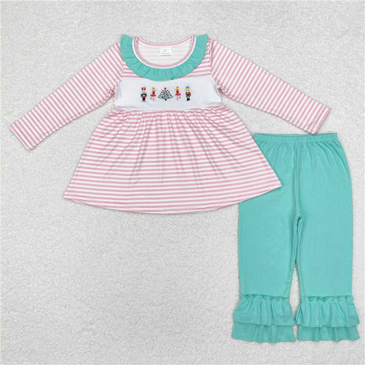 11.11 RTS NO MOQ （In stock）Matching Christmas GLP1455 Baby Girls Pink Stripes Soldier Tunic Ruffle Pants Clothes Sets