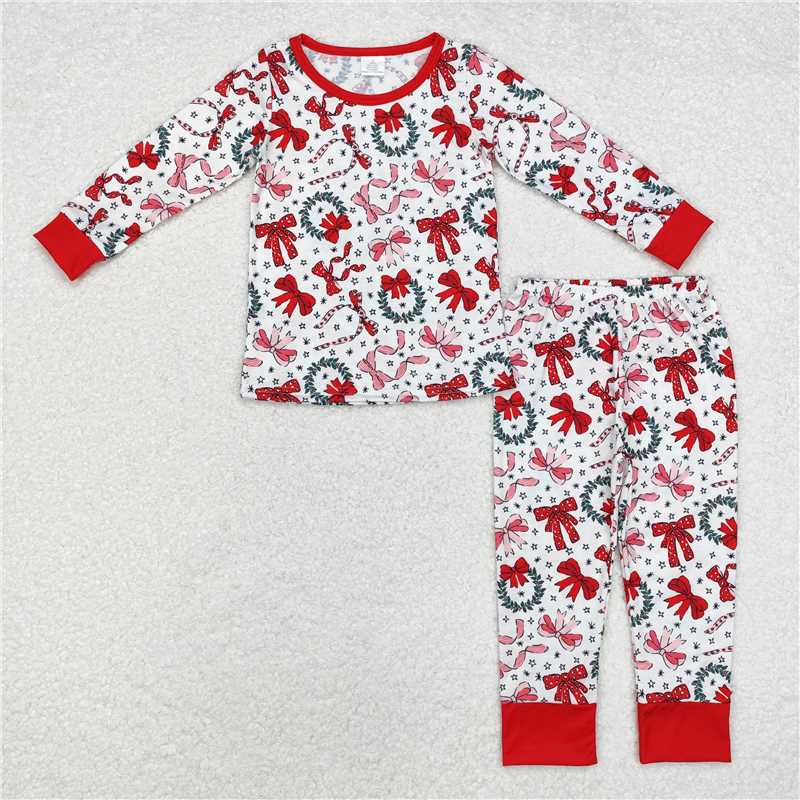 GLP1879 Modal Christmas star wreath bow pattern red and white long sleeve long pants pajamas set