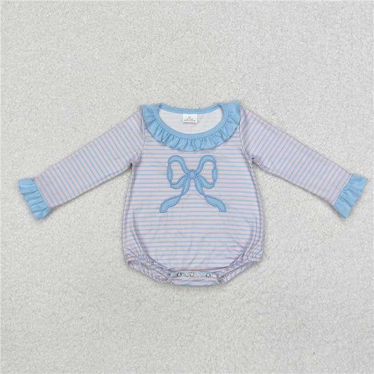 LR1379Long sleeves light blue bow stripe baby girls romper