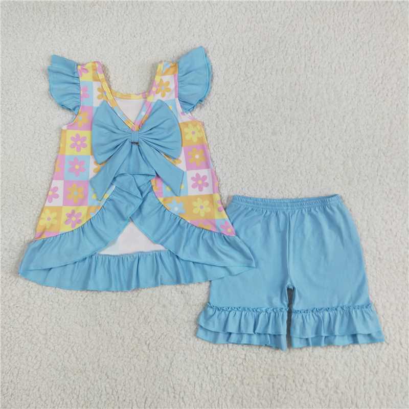 12.17 RTS NO MOQ （In stock）Matching GSSO2623 Baby Girls Blue Flutter Sleeves Flowers Plaid Tunic Ruffle Shorts Sets
