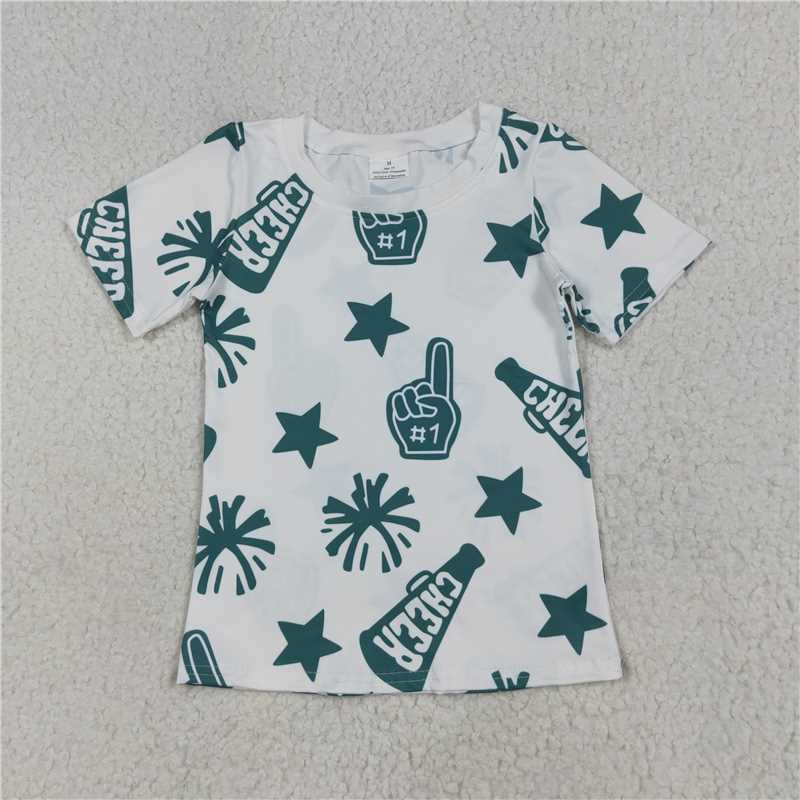 11.15 RTS NO MOQ （In stock）Matching  GT0955 Baby Girls White Short Sleeves Green Fireworks CHEER Shirts Tops
