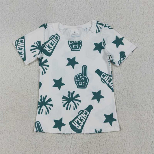 11.15 RTS NO MOQ （In stock）Matching  GT0955 Baby Girls White Short Sleeves Green Fireworks CHEER Shirts Tops