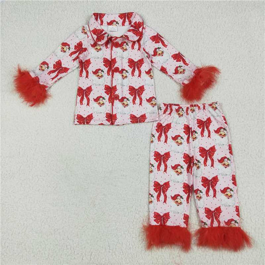10.20 RTS NO MOQ （In stock） Matching Christmas GLP2373 Baby Girls Red Christmas Fur Bows Santa Button Top Pants Pajamas Sets