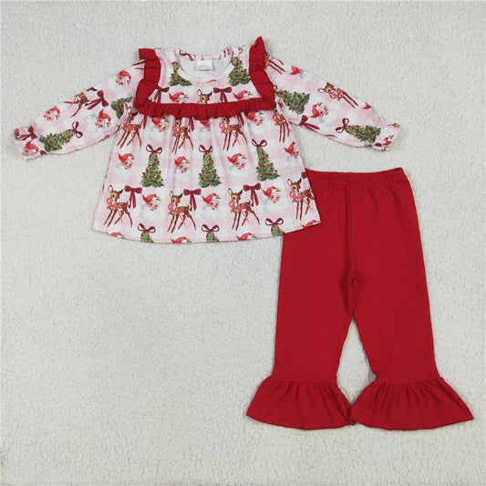 12.6 RTS NO MOQ （In stock）GLP2419 Baby Girls Red Long Sleeves Santa Trees Plaid Tunic Ruffle Pant Sets