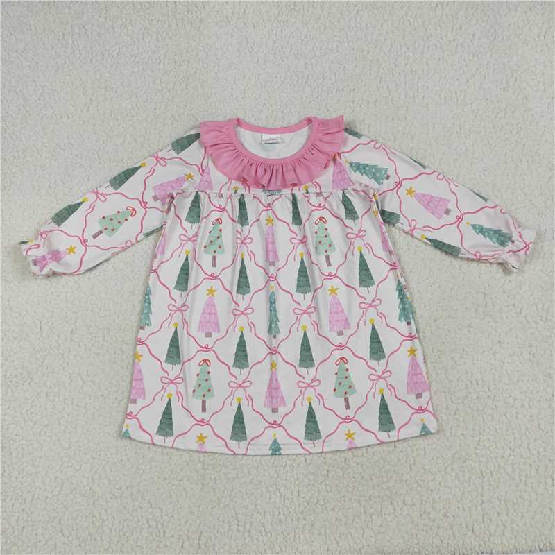 10.17 RTS NO MOQ （In stock） Matching Christmas GLD1093 Baby Girls Pink Christmas Trees Knee Length Dresses