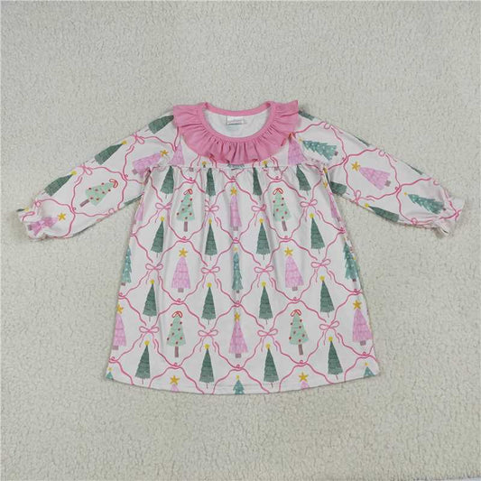 10.17 RTS NO MOQ （In stock） Matching Christmas GLD1093 Baby Girls Pink Christmas Trees Knee Length Dresses