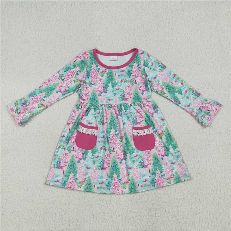 11.20 RTS NO MOQ （In stock）GLD1072 Baby Girls Long Ruffle Sleeves Trees Floral Pockets Knee Length Dresses
