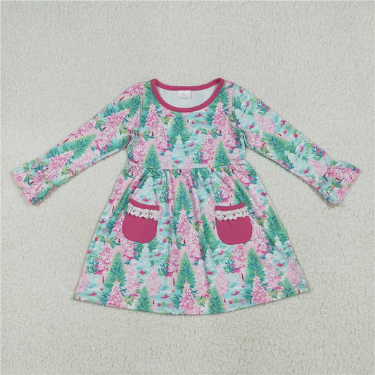 11.20 RTS NO MOQ （In stock）GLD1072 Baby Girls Long Ruffle Sleeves Trees Floral Pockets Knee Length Dresses