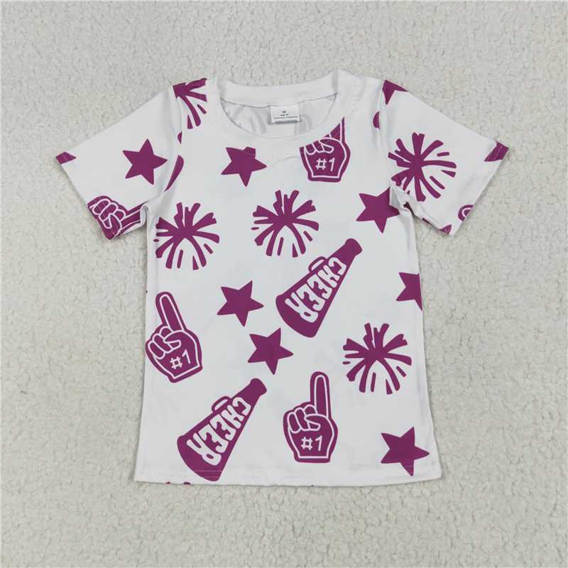 11.15 RTS NO MOQ （In stock）Matching GT0993 Baby Girls Short Sleeves Hot Pink Firework Cheer Tee Shirts Tops