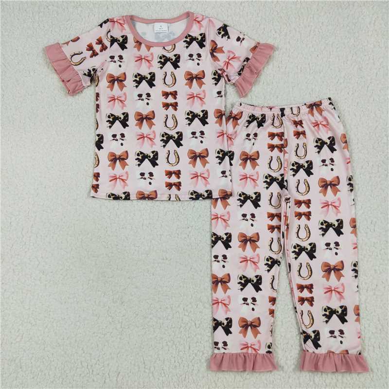 10.17 RTS NO MOQ （In stock） Matching GSPO2035 Baby Girls Pink Short Ruffle Sleeves Bows Horse Shoes Top Pant Pajamas Sets