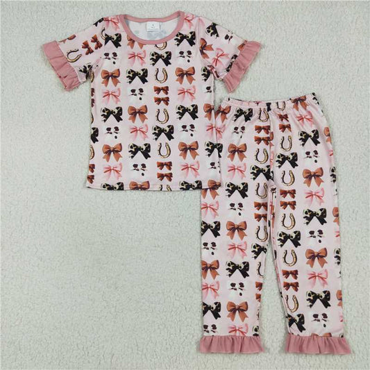 10.17 RTS NO MOQ （In stock） Matching GSPO2035 Baby Girls Pink Short Ruffle Sleeves Bows Horse Shoes Top Pant Pajamas Sets