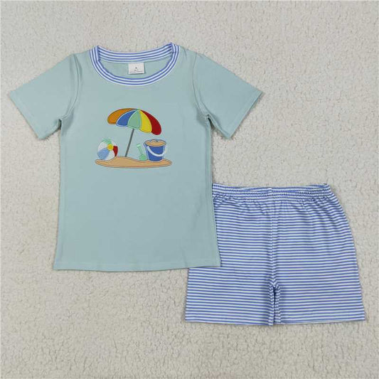 12.17 RTS NO MOQ （In stock）Matching BSSO1485 Embroidery Baby Boys Short Sleeves Beach Top Blue Stripe Short Sets