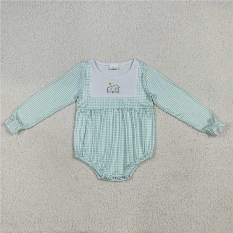12.9 RTS NO MOQ （In stock）Matching Christmas LR2265 Embroidery Baby Boys Aqua Plaid Christmas Jesus Bummies Rompers