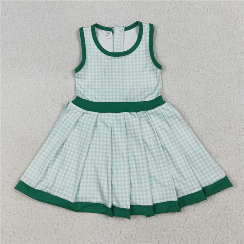 10.18 RTS NO MOQ （In stock）Matching GSD2632 Baby Girls Green Plaid Sleeveless Ruffle Short Yoga Knee Length Dresses