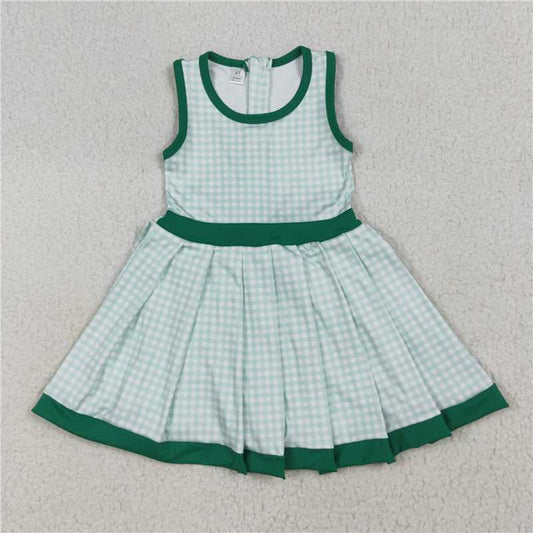 10.18 RTS NO MOQ （In stock）Matching GSD2632 Baby Girls Green Plaid Sleeveless Ruffle Short Yoga Knee Length Dresses