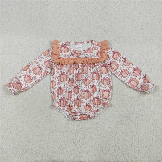 11.10 RTS NO MOQ （In stock）Matching LR2295 Baby Girls Long Ruffle Sleeves Bows Pumpkins Rompers