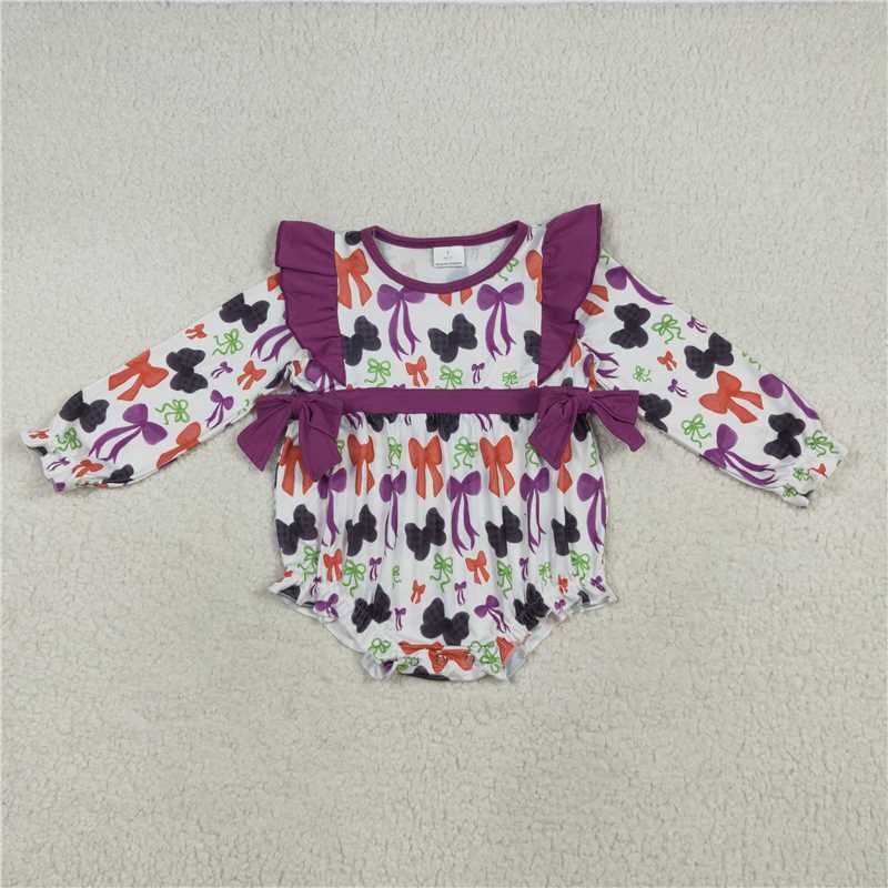 12.1 RTS NO MOQ （In stock）Matching LR2285 Baby Girls Halloween Colorful Purple Bows Ruffle Rompers