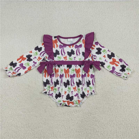 12.1 RTS NO MOQ （In stock）Matching LR2285 Baby Girls Halloween Colorful Purple Bows Ruffle Rompers