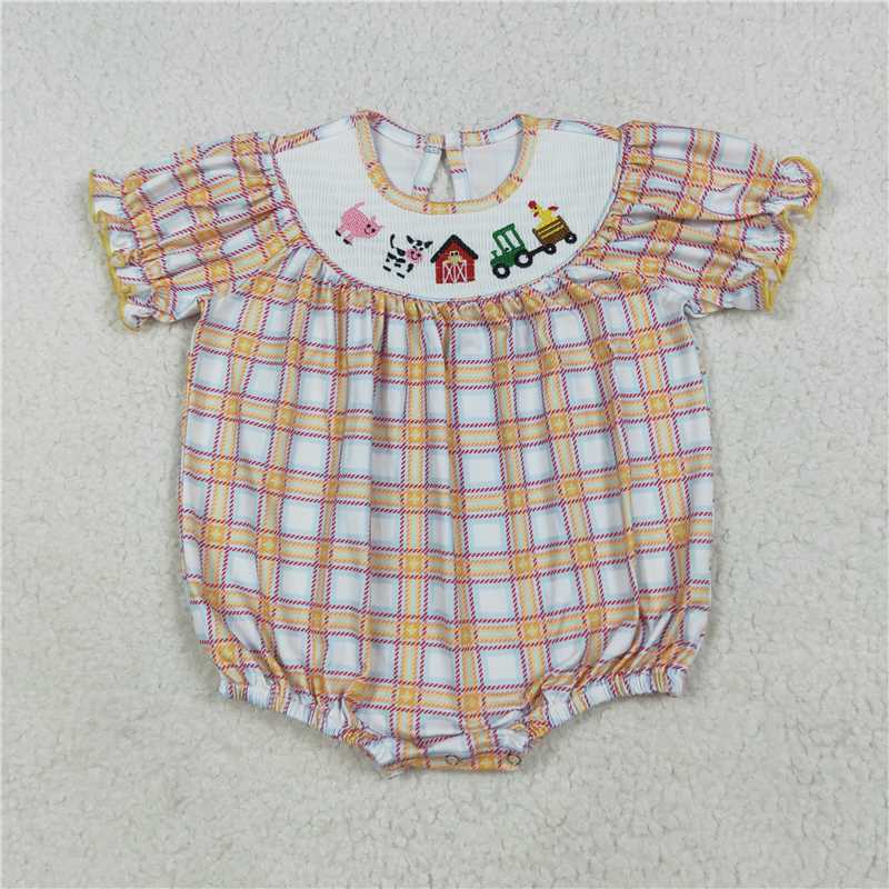 11.14 RTS NO MOQ （In stock）Matching SR2982 Baby Infant Girls Fall Plaid Cows Farm Smocked Rompers