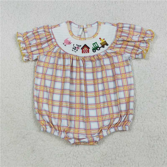 11.14 RTS NO MOQ （In stock）Matching SR2982 Baby Infant Girls Fall Plaid Cows Farm Smocked Rompers