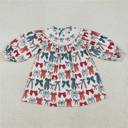 12.1 RTS NO MOQ （In stock）Matching Christmas GLD1028 Baby Girls Christmas Colorful Bows Smocked Knee Length Dresses