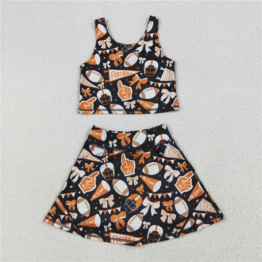 10.18 RTS NO MOQ （In stock）Matching GSD2687 Baby Girls Team Orange Football Bows Vest Top Short Skirts Yoga Sets