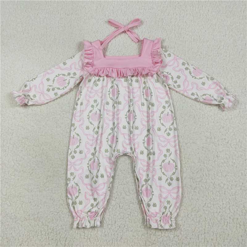 11.13 RTS NO MOQ （In stock）Matching LR2255 Baby Girls Long Ruffle Sleeves Pink Pumpkins Bows Plaid Pant Rompers