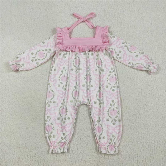 11.13 RTS NO MOQ （In stock）Matching LR2255 Baby Girls Long Ruffle Sleeves Pink Pumpkins Bows Plaid Pant Rompers