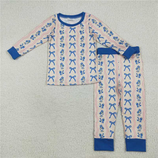 10.17 RTS NO MOQ （In stock） Matching  GLP2505 Baby Girls Long Sleeves Blue Bows Flower Stripe Top Pants Pajamas Sets