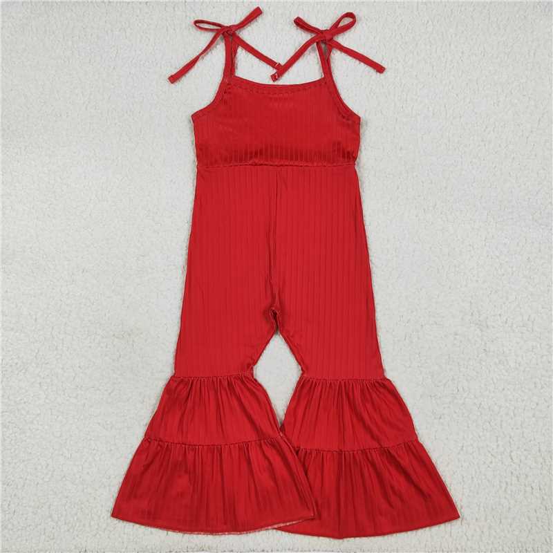 11.18 RTS NO MOQ （In stock）Matching SR3163 Baby Girls Red Strap Bell Bottom Ribbed Jumpsuits
