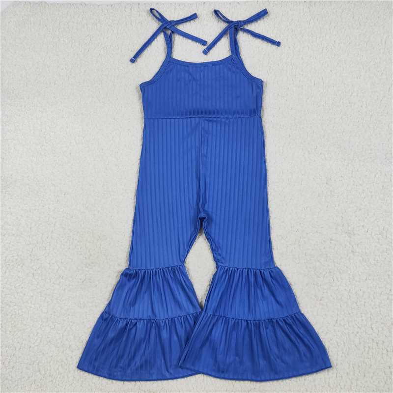 11.18 RTS NO MOQ （In stock）Matching SR3158 Baby Girls Royal Blue Strap Bell Bottom Ribbed Jumpsuits