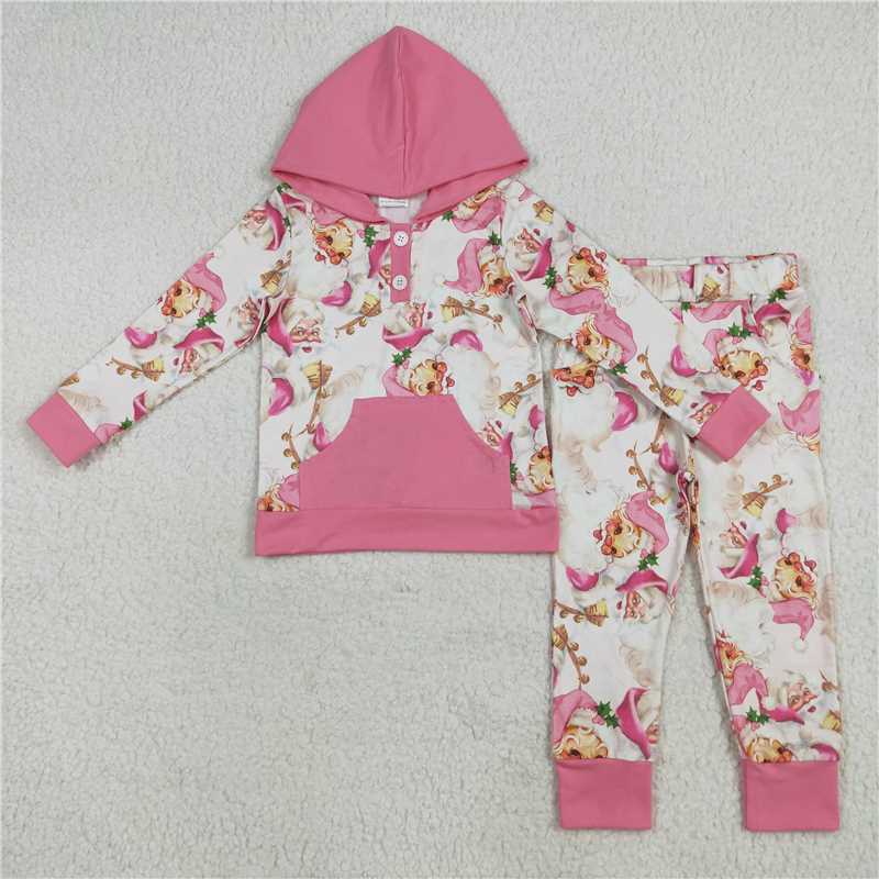 12.12 RTS NO MOQ （In stock）GLP2474 Baby Girls Pink Christmas Santa Button Hoodies Pockets Pant Sets