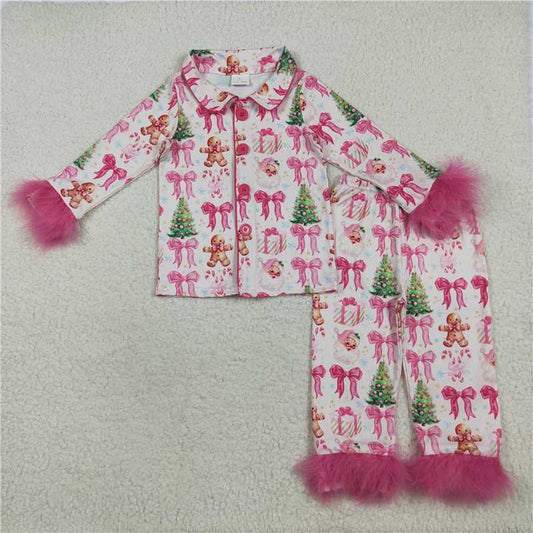 10.20 RTS NO MOQ （In stock） Matching Christmas GLP2375 Baby Girls Christmas With Fur Bows Gingerbread Trees Button Top Pants Pajamas Sets