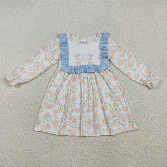 11.20 RTS NO MOQ （In stock）Matching GLD1084 Baby Girls Long Ruffle Sleeves Light Blue Pumpkins Knee Length Dresses