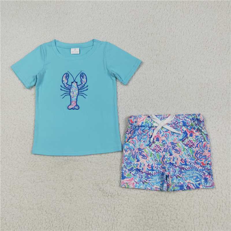 12.27 RTS NO MOQ （In stock）Matching BSSO1479 Embroidery Baby Boys Blue Crayfish Top Pockets Short Sets