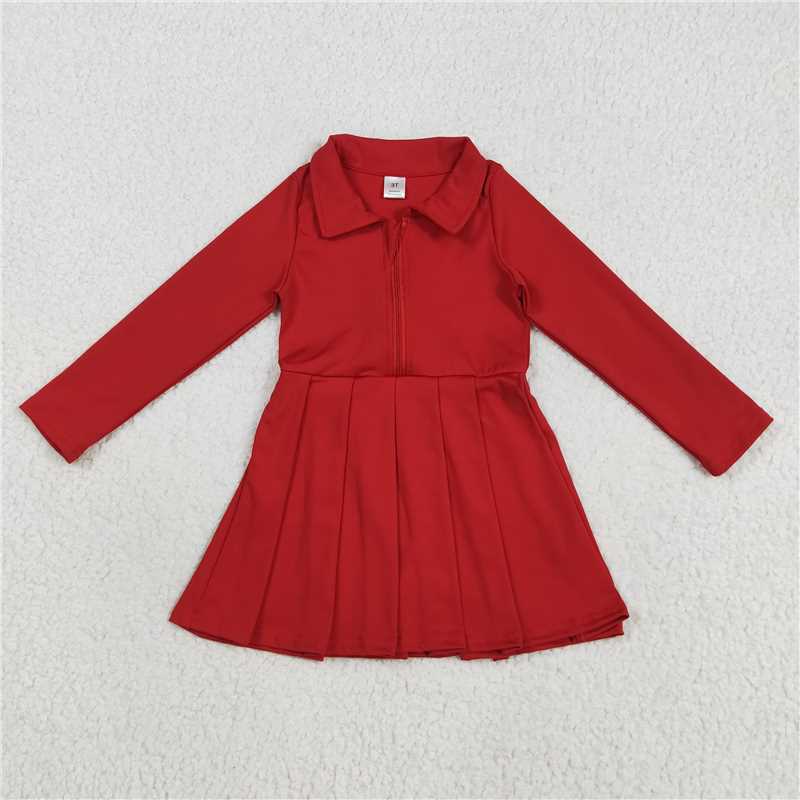 12.2 RTS NO MOQ （In stock）Matching GLD1153 Baby Girls Yoga Red Long Sleeves Zipper Knee Length Dresses