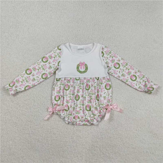 11.27 RTS NO MOQ （In stock）LR2325 Baby Girls Pink Gifts Bows Holly Print Christmas Ruffle Rompers