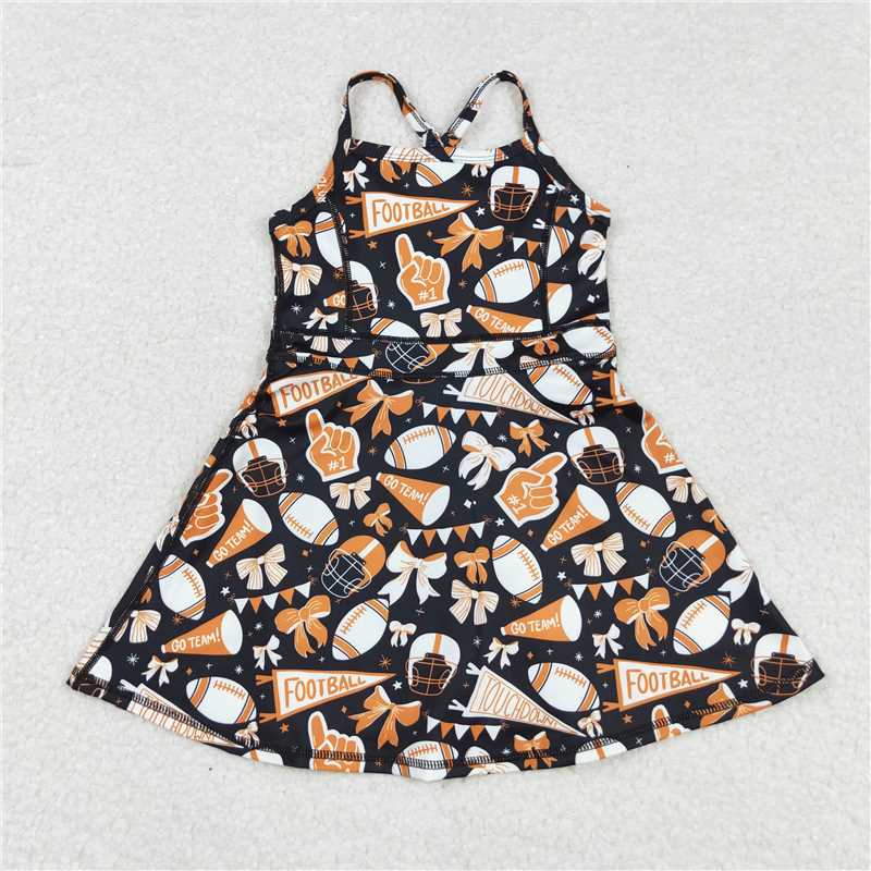 10.18 RTS NO MOQ （In stock）Matching GSD2777 Baby Girls Strap Bows Footballs Shorts Team Yoga Active Knee Length Dress