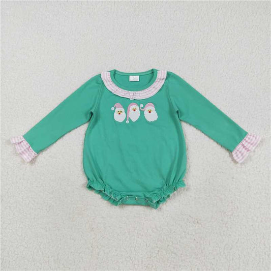 12.8 RTS NO MOQ （In stock）Matching Christmas LR2411 Embroidery Baby Girls Green Christams Santa Ruffle Rompers