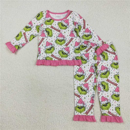 11.11 RTS NO MOQ （In stock）Matching Christmas GLP2645 Baby Girls Green Face Stars Plaid Top Pant Christmas Pajamas Set