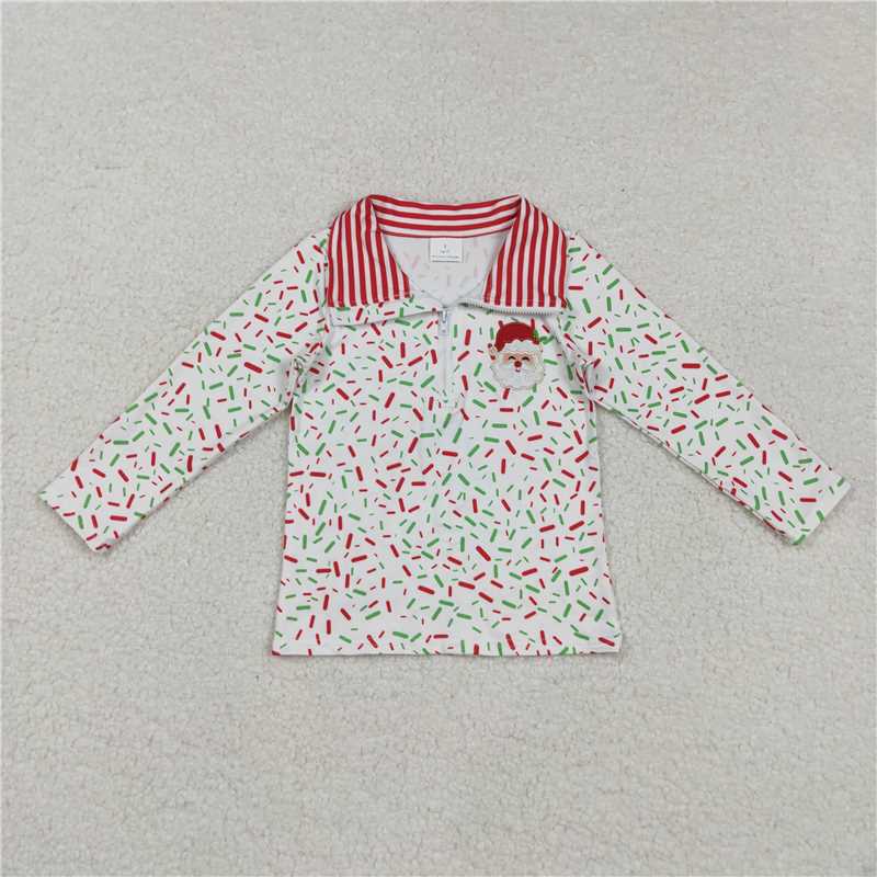 12.12 RTS NO MOQ （In stock）BT1294 Embroidery Santa Baby Girls Red Green Sprinkles Zipper Pullovers Top