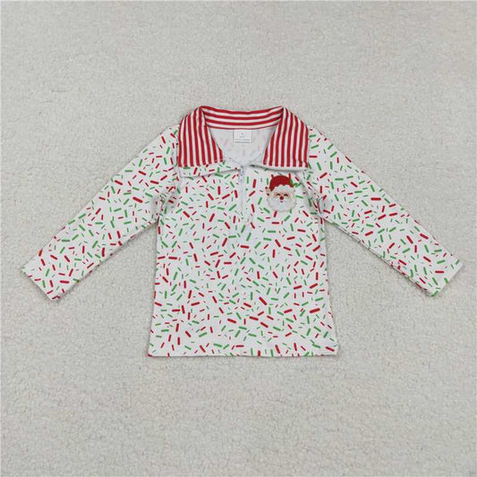 12.12 RTS NO MOQ （In stock）BT1294 Embroidery Santa Baby Girls Red Green Sprinkles Zipper Pullovers Top