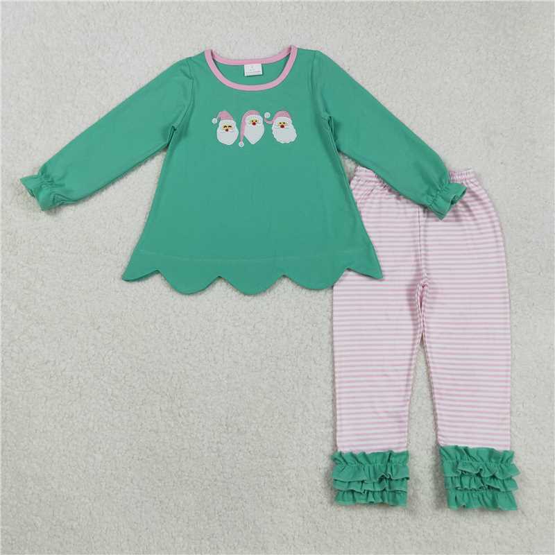 12.8 RTS NO MOQ （In stock）Matching Christmas GLP2575 Embroidery Baby Girls Green Christmas Santa Tunic Stripe Legging Pant Sets