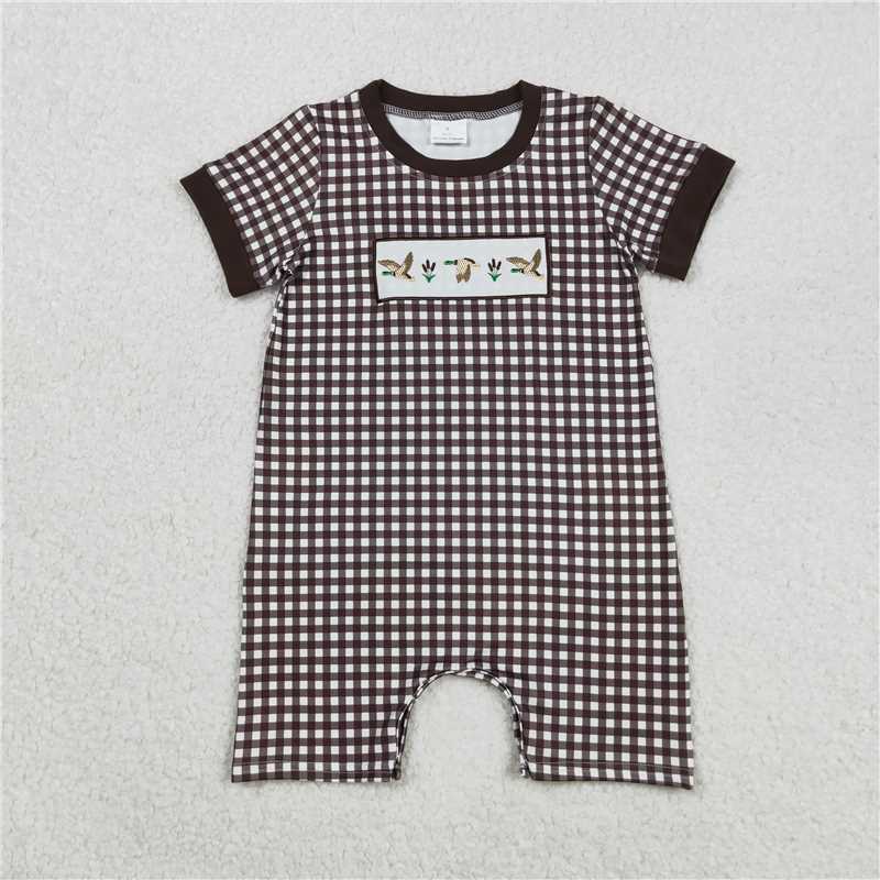 12.16 RTS NO MOQ （In stock）Matching SR3164 Embroidery Baby Boys Brown Plaid Short Sleeves Ducks Short Rompers
