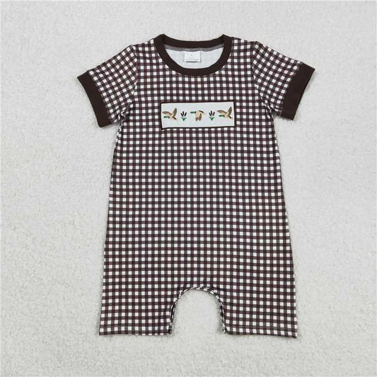 12.16 RTS NO MOQ （In stock）Matching SR3164 Embroidery Baby Boys Brown Plaid Short Sleeves Ducks Short Rompers