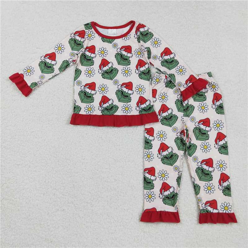 12.1 RTS NO MOQ （In stock）Matching Christmas GLP2635 Baby Girls Christmas Green Face Flowers Top Pants Pajamas Set