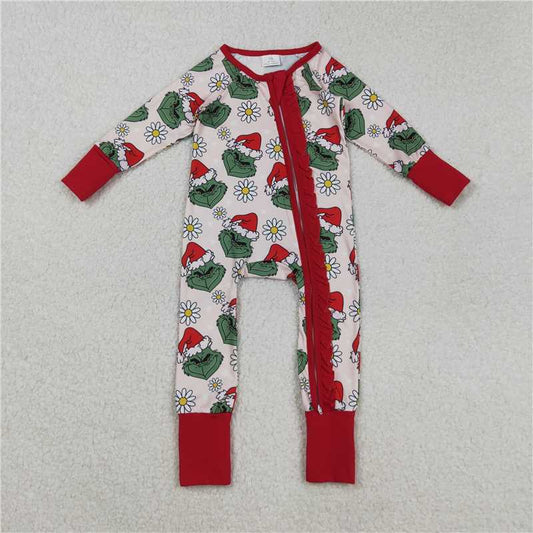 12.1 RTS NO MOQ （In stock）Matching Christmas LR2489 Baby Girls Green Face Flowers Ruffle Zipper Christmas Rompers