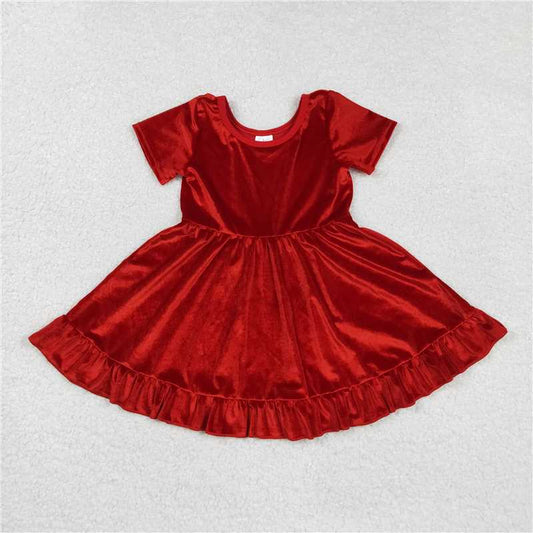 11.15 RTS NO MOQ （In stock）GSD2614 Baby Girls Short Sleeves Red Velvet Ruffle Knee Length Dresses