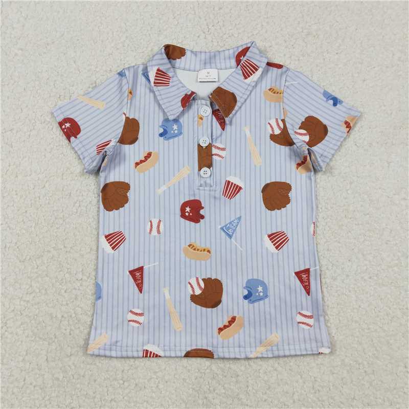 1.13 RTS NO MOQ （In stock）Matching BT1580 Baby Boys Blue Stripe Baseballs Team Button Polo Shirts Top