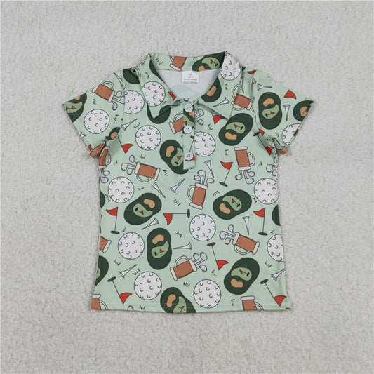 1.13 RTS NO MOQ （In stock）Matching BT1586 Baby Boys Green Golf Flags Team Button Polo Shirts Top